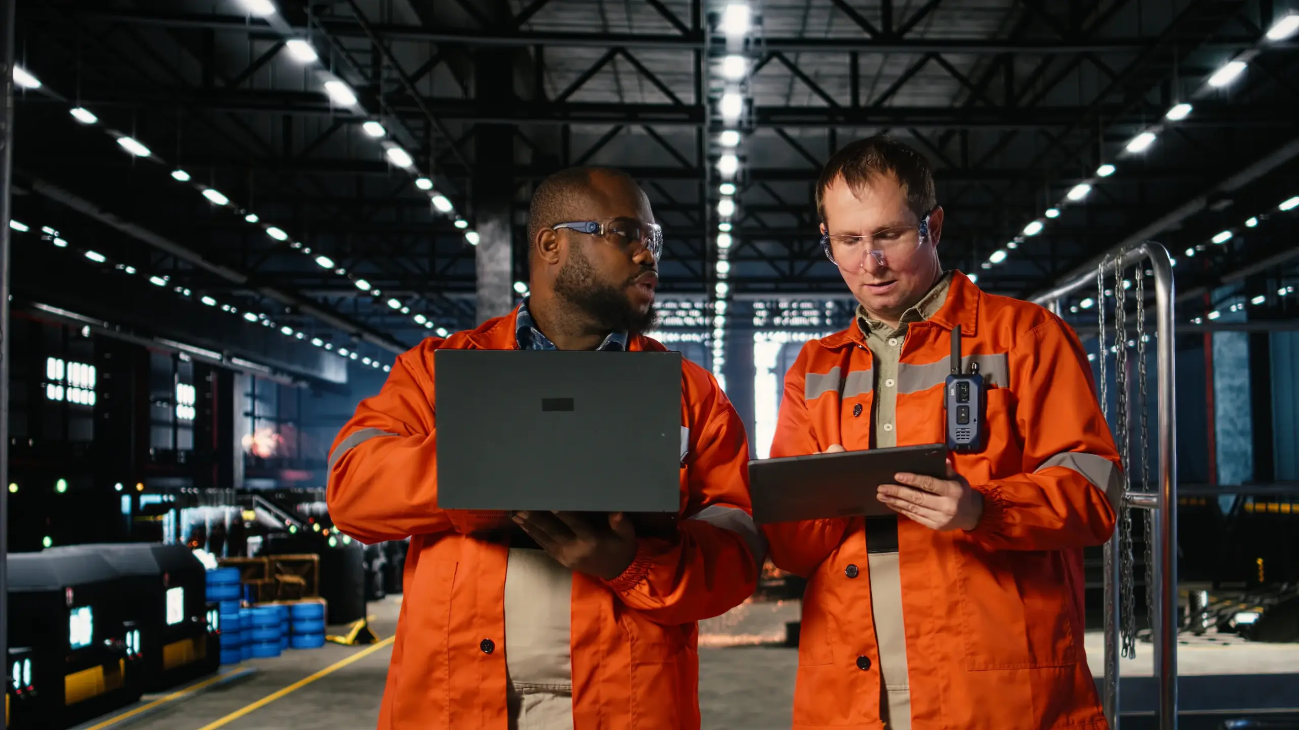 Diverse workers using devices manage steel production tasks surrounded by metal machinery